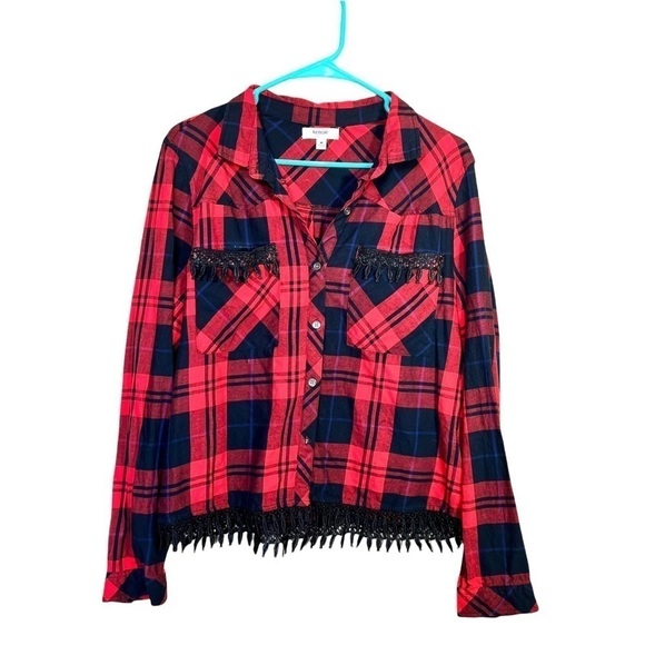 Kenzie Jeans Red and Black Button Crochet Double Breasted Pocket Blouse M - Picture 1 of 15